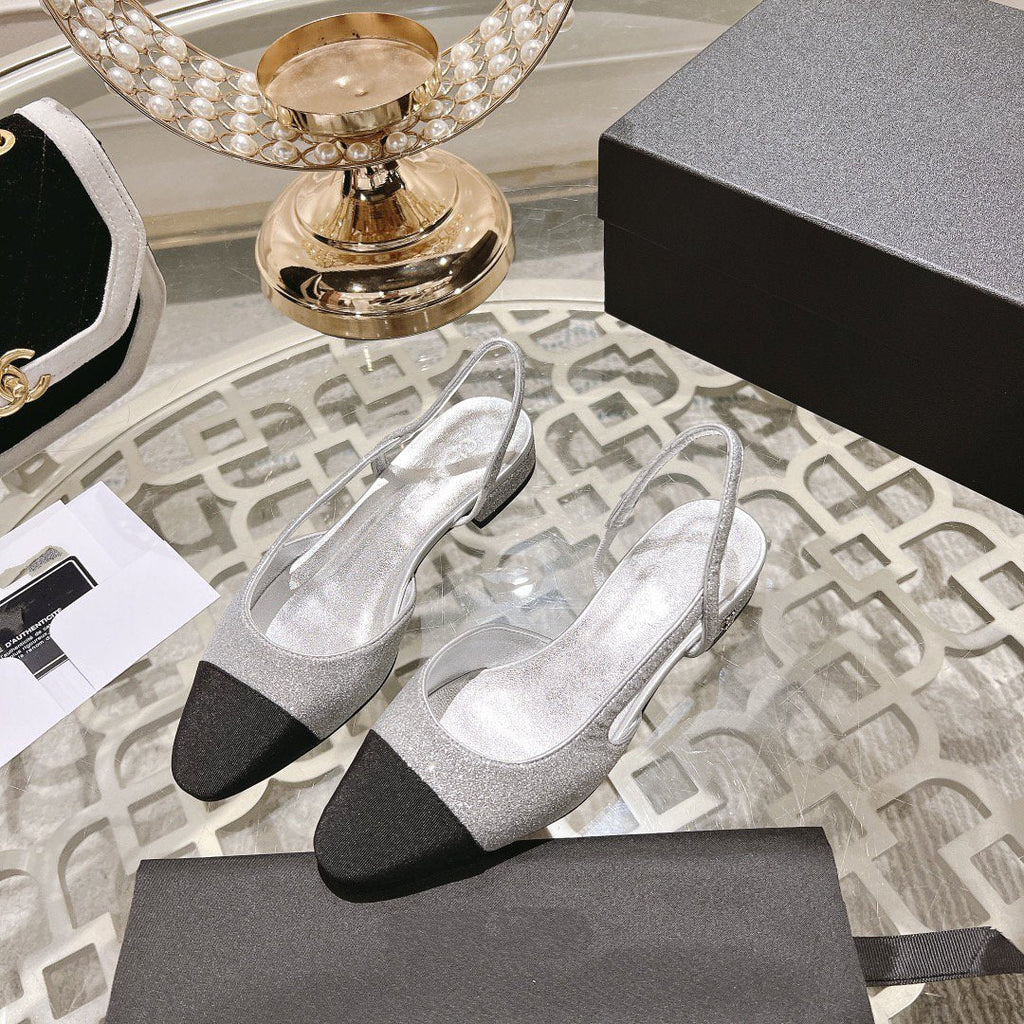 CHANEL slingback 2.5 glitter silver black grosgrain
