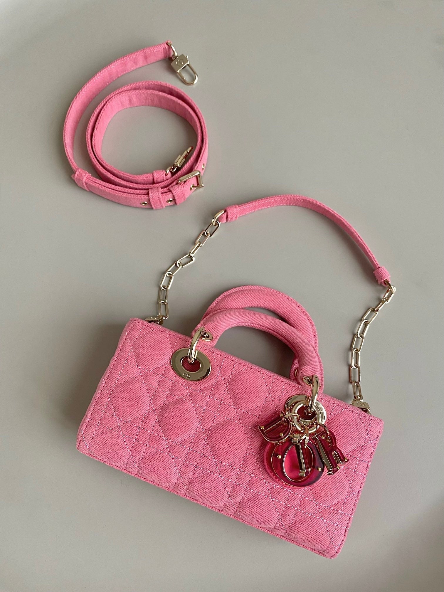 DIOR D-JOY BAG 22 IN HOT PINK MACROCANNAGE DENIM