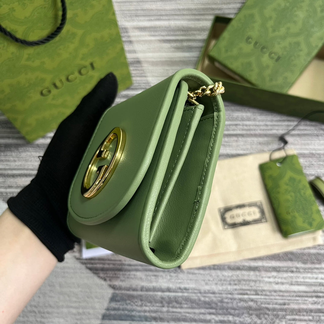 GUCCI BLONDIE INTERLOCK MINI SHOULDER BAG 12 IN GREEN CALFSKIN GOLD CHAIN