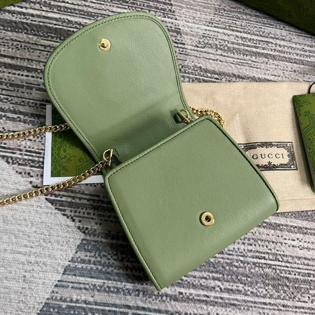 GUCCI BLONDIE INTERLOCK MINI SHOULDER BAG 12 IN GREEN CALFSKIN GOLD CHAIN