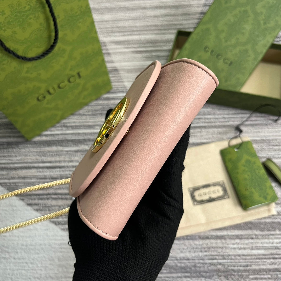 GUCCI BLONDIE INTERLOCK MINI SHOULDER BAG 12 IN LIGHT PINK CALFSKIN GOLD CHAIN
