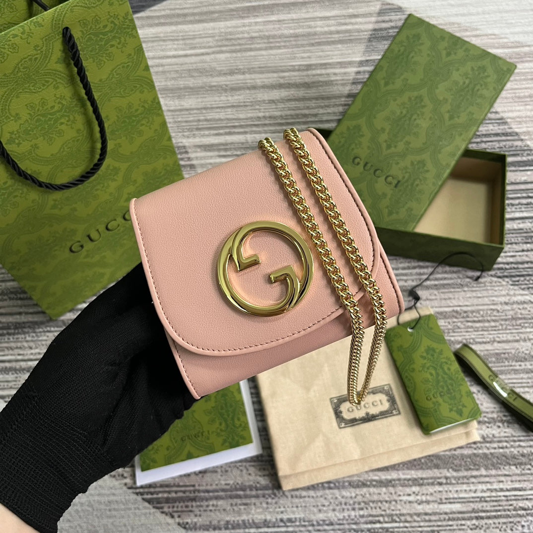 GUCCI BLONDIE INTERLOCK MINI SHOULDER BAG 12 IN LIGHT PINK CALFSKIN GOLD CHAIN