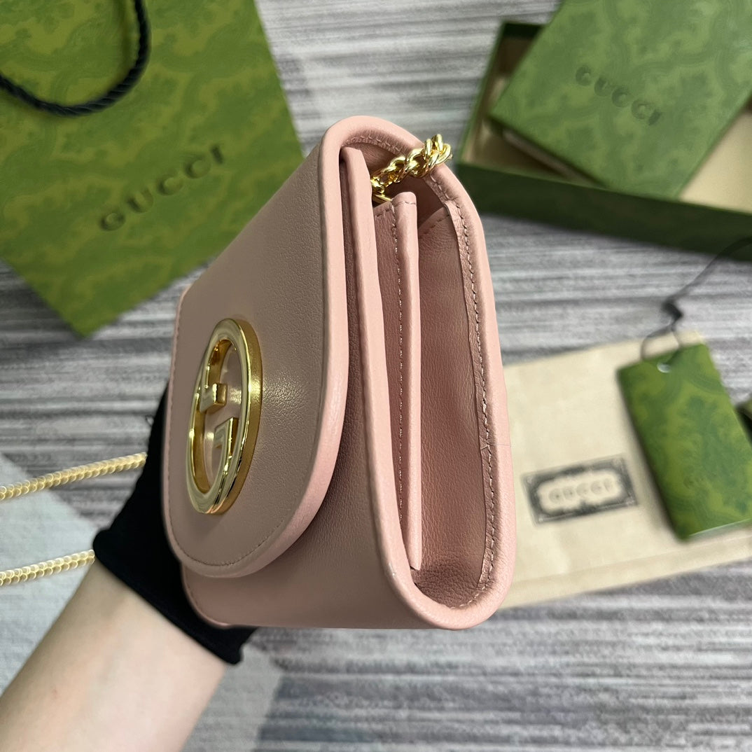 GUCCI BLONDIE INTERLOCK MINI SHOULDER BAG 12 IN LIGHT PINK CALFSKIN GOLD CHAIN