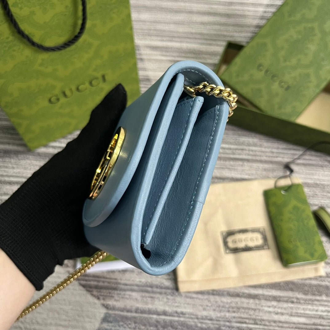 GUCCI BLONDIE INTERLOCK MINI SHOULDER BAG 12 IN SKY BLUE CALFSKIN GOLD CHAIN