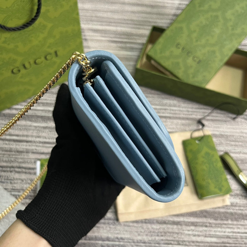 GUCCI BLONDIE INTERLOCK MINI SHOULDER BAG 12 IN SKY BLUE CALFSKIN GOLD CHAIN