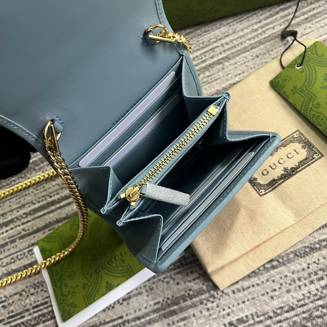 GUCCI BLONDIE INTERLOCK MINI SHOULDER BAG 12 IN SKY BLUE CALFSKIN GOLD CHAIN