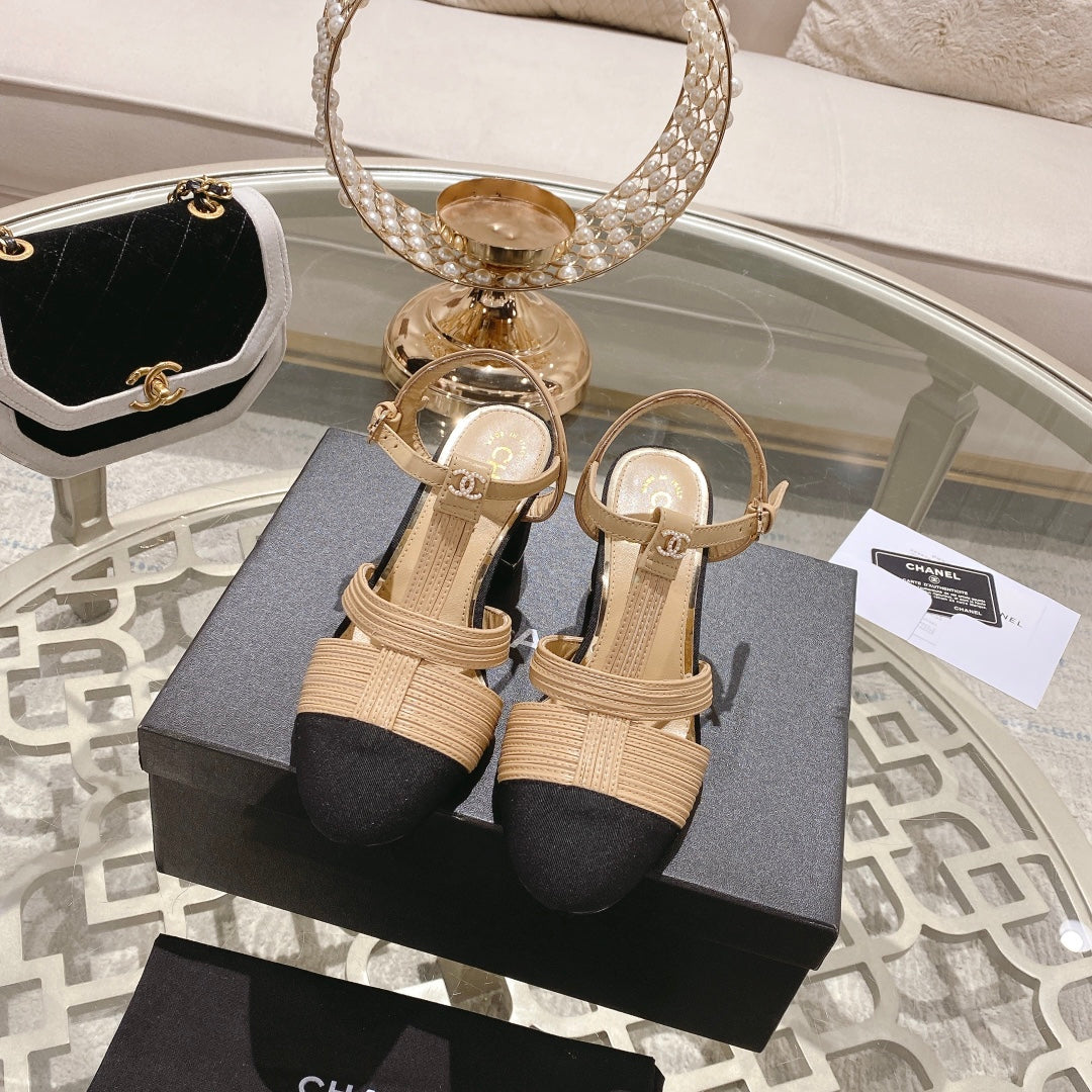 CHANEL Double C  Heeled Sandals Tan Cream Lambskin