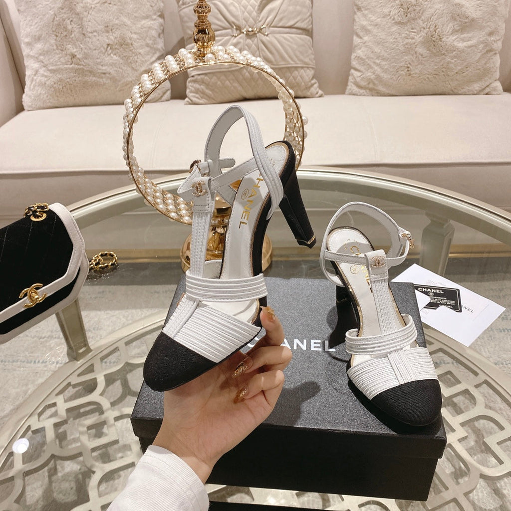 CHANEL Double C  Heeled Sandals White Black Lambskin