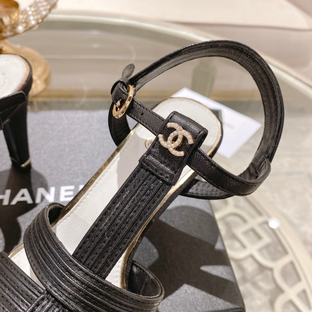 CHANEL Double C  Heeled Sandals Black Lambskin
