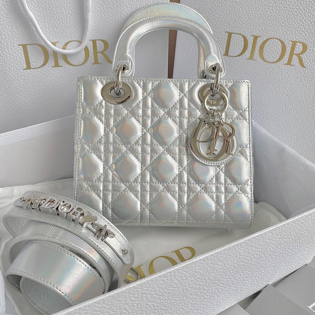 DIOR MEDIUM LADY 20 HANDBAG IN SILVER LAMBSKIN