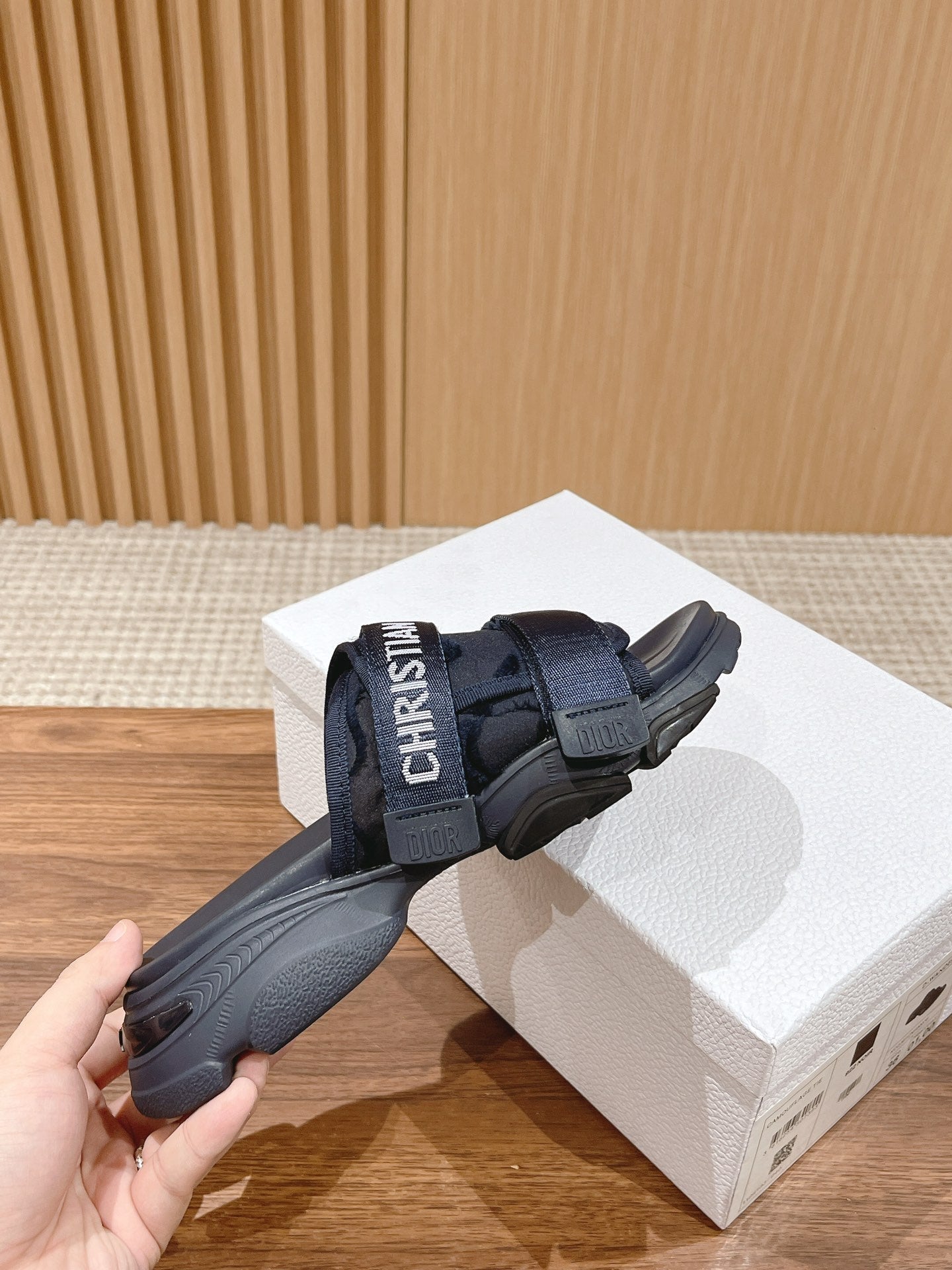 DIOR PLATFORM SLIDES 25S 30 MM IN MIDNIGHT BLUE FABRIC AND CALFSKIN