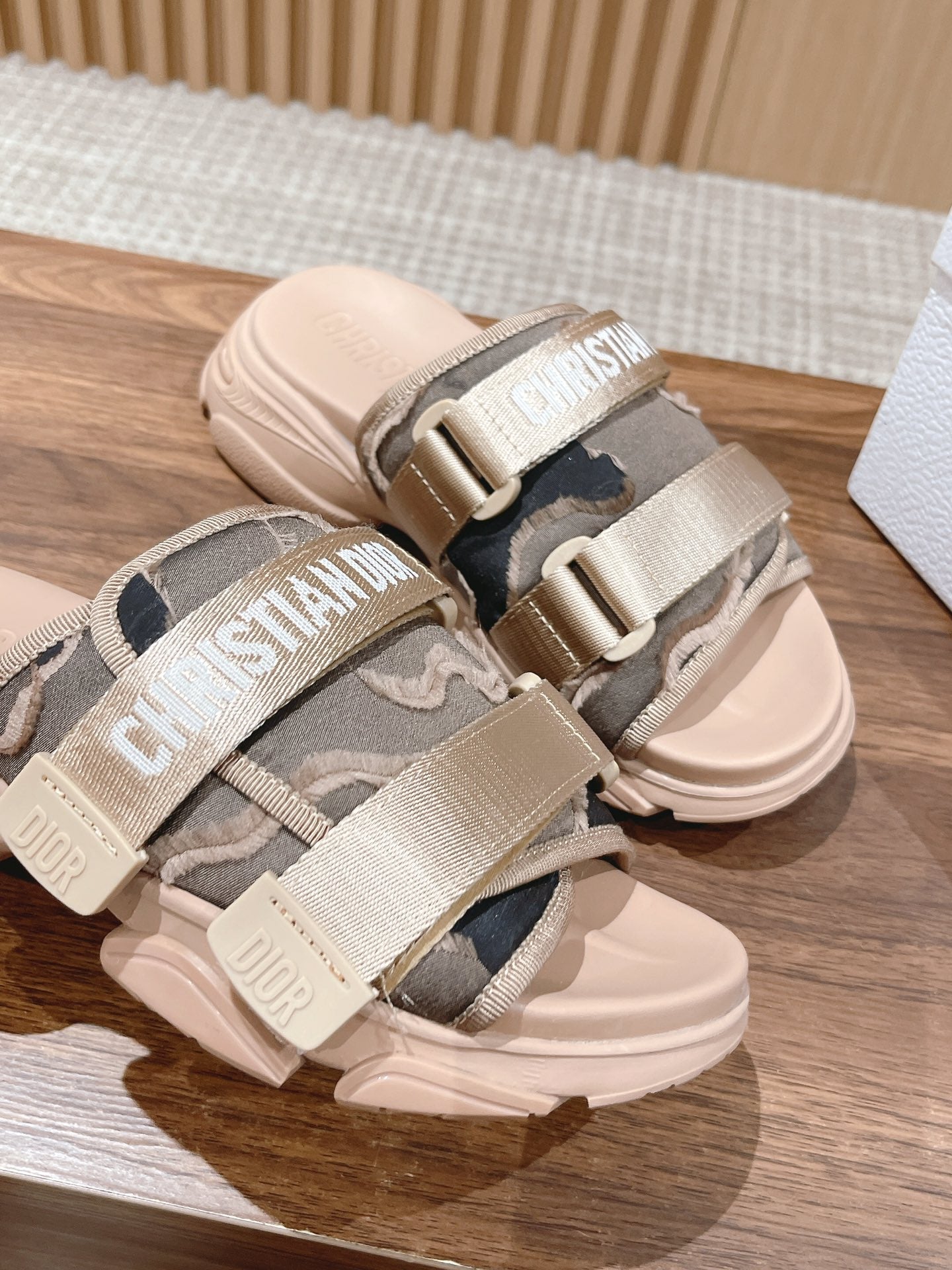 DIOR PLATFORM SLIDES 25S 30 MM IN MOSS GREEN FABRIC AND NUDE CALFSKIN