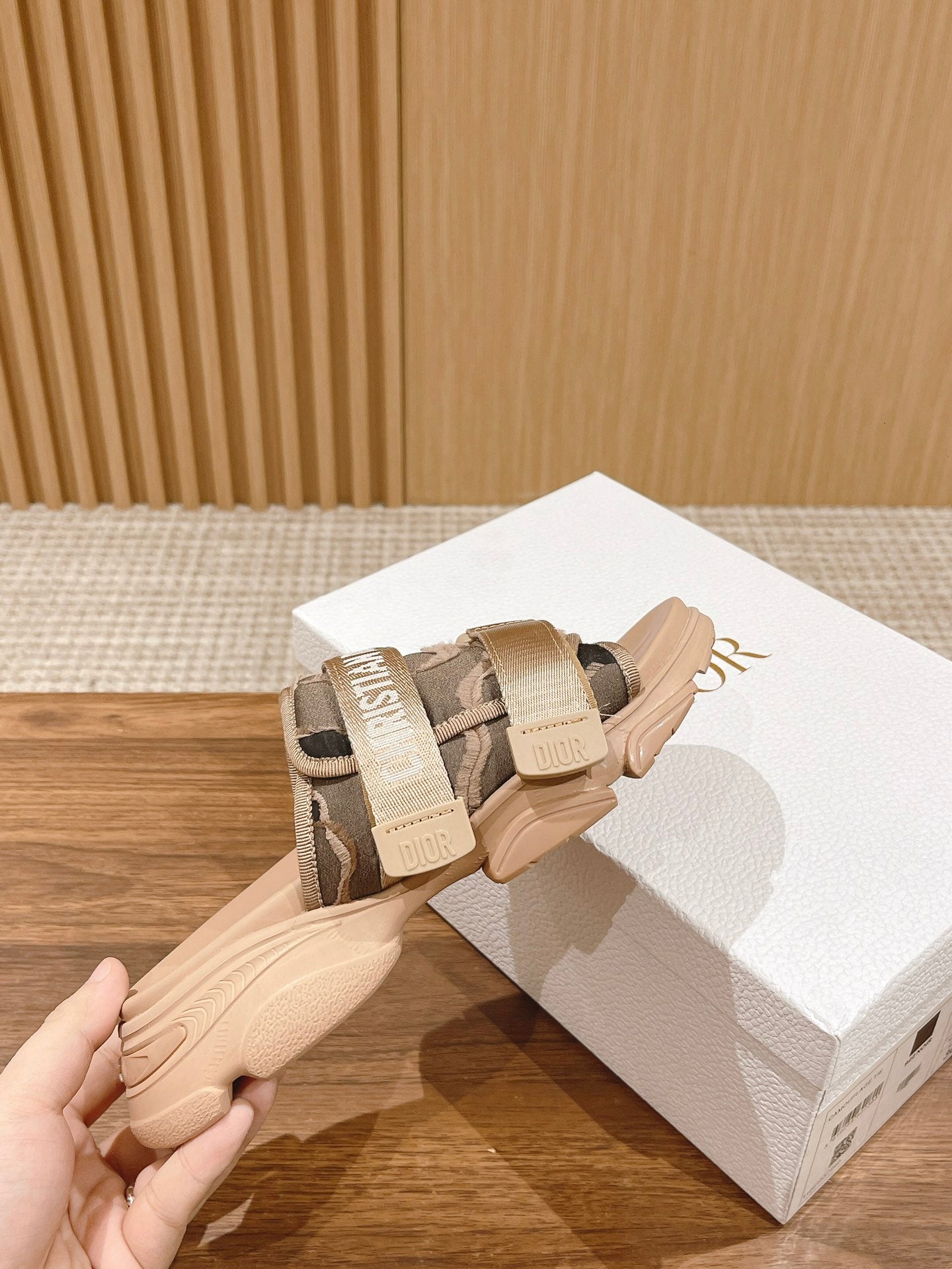 DIOR PLATFORM SLIDES 25S 30 MM IN MOSS GREEN FABRIC AND NUDE CALFSKIN