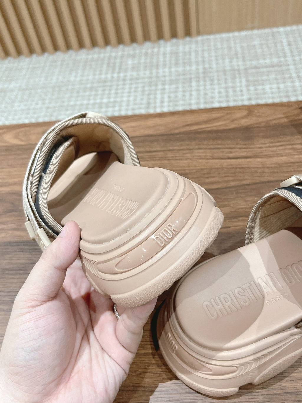DIOR PLATFORM SLIDES 25S 30 MM IN MOSS GREEN FABRIC AND NUDE CALFSKIN