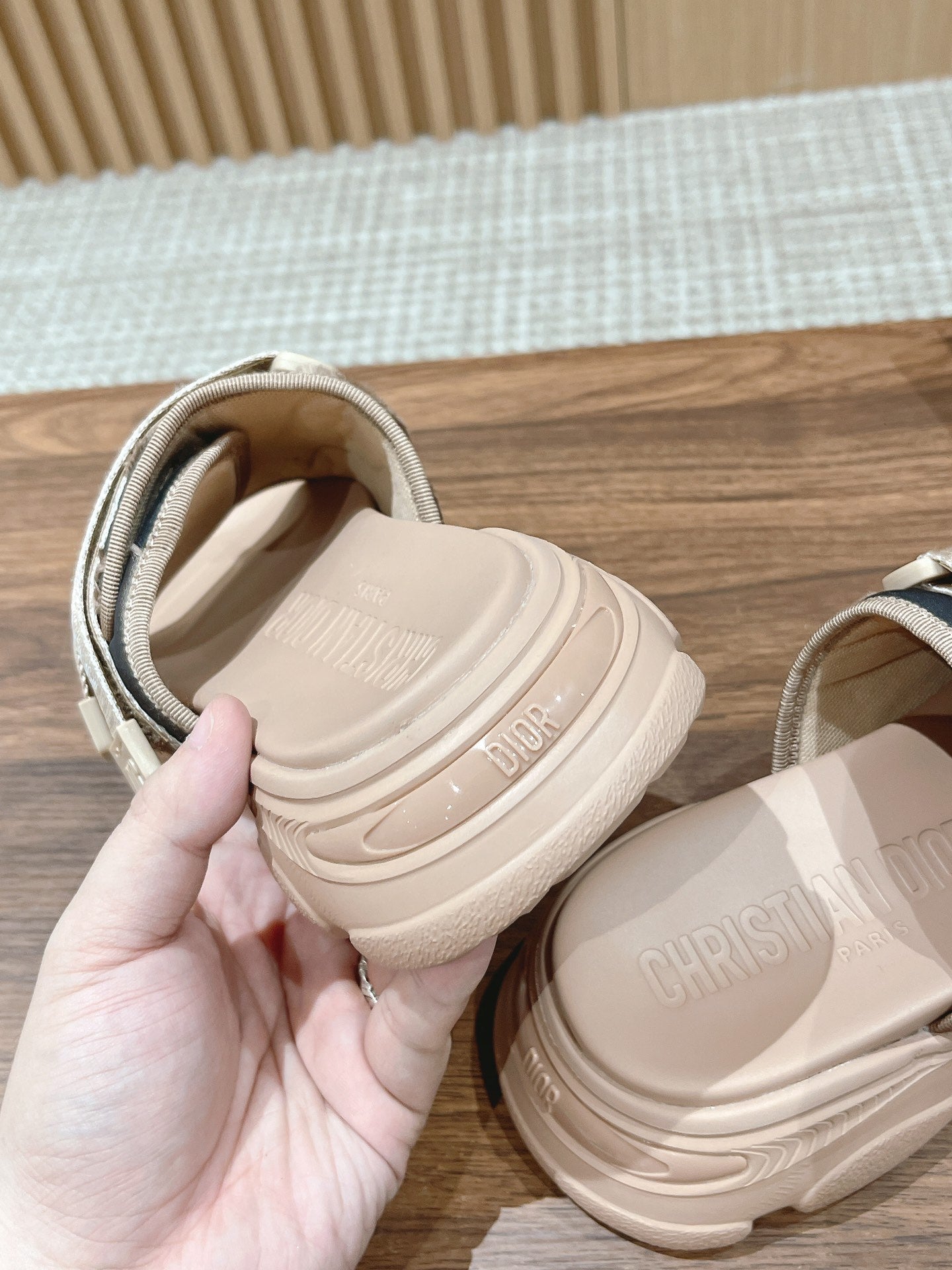 DIOR PLATFORM SLIDES 25S 30 MM IN MOSS GREEN FABRIC AND NUDE CALFSKIN