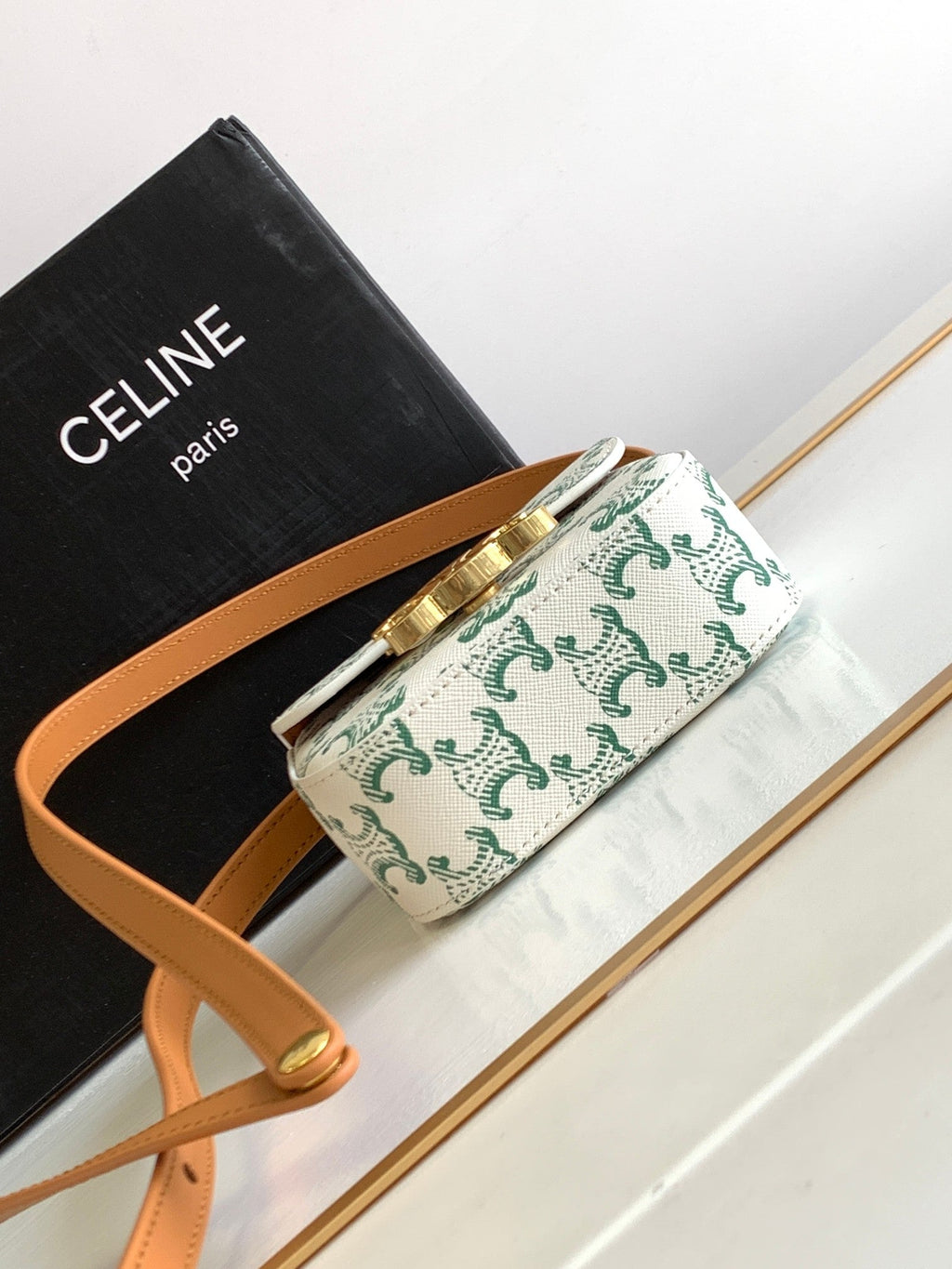 CELINE TRIPHOME 11 GREEN WHITE COWHIDE LEATHER