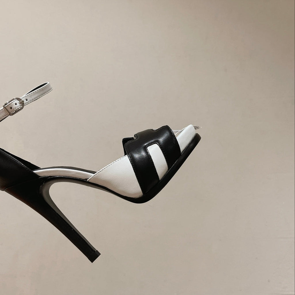 HERMES H - CLASSIC SANDAL 125 BLACK MIX WHITE LAMBSKIN