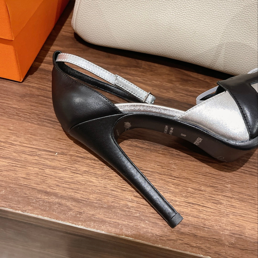 HERMES H - CLASSIC SANDAL 125 BLACK MIX BRIGHT SILVER LAMBSKIN