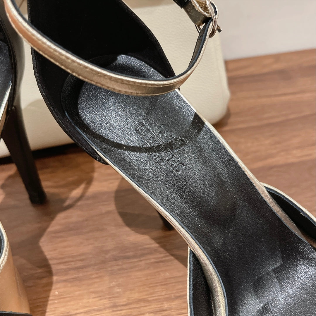 HERMES H - CLASSIC SANDAL 125 BLACK MIX SILVER LAMBSKIN