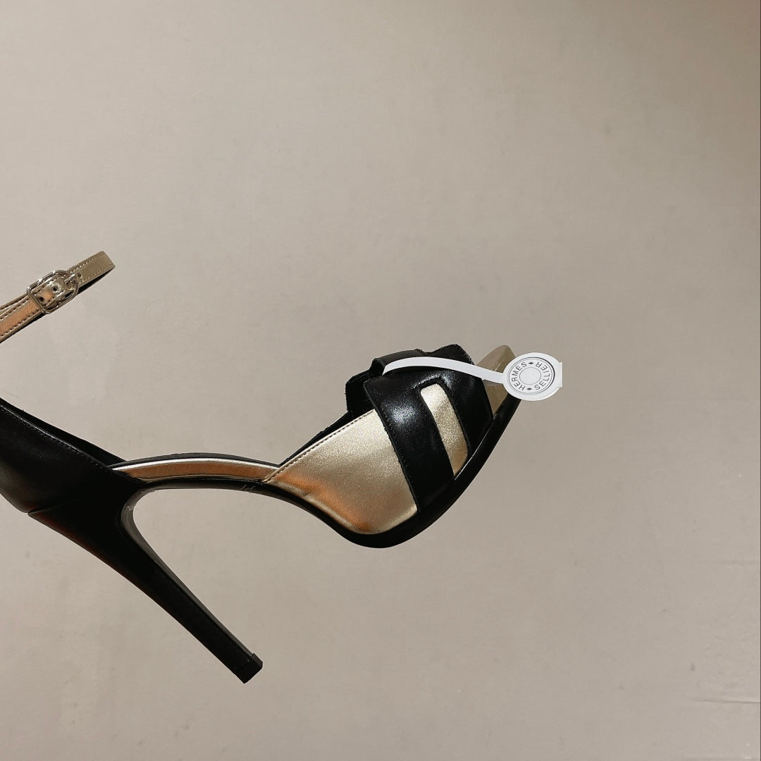 HERMES H - CLASSIC SANDAL 125 BLACK MIX SILVER LAMBSKIN