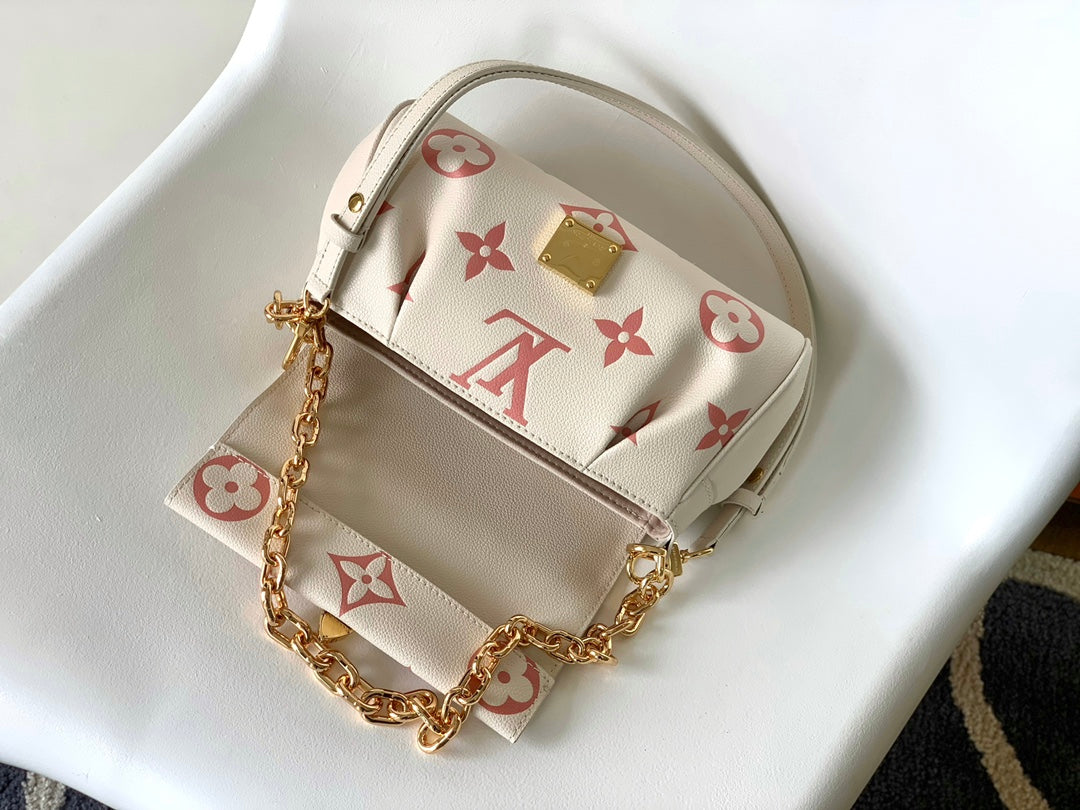 LOUIS VUITTON FAVORITE BAG 24 IN BEIGE MIX PINK MONOGRAM SOFT GRAINED COWHIDE