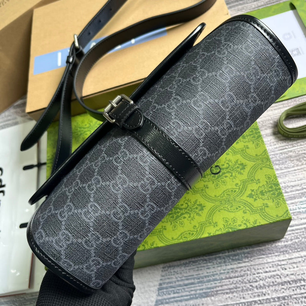 GUCCI MESSENGER BAG 25 IN DARK GREY CANVAS ANG BLACK CALFSKIN