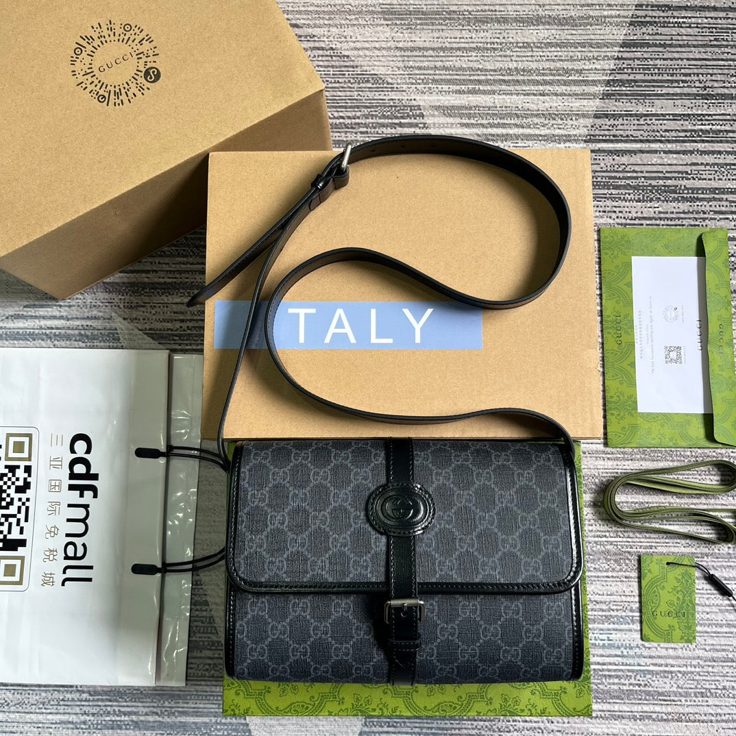GUCCI MESSENGER BAG 25 IN DARK GREY CANVAS ANG BLACK CALFSKIN