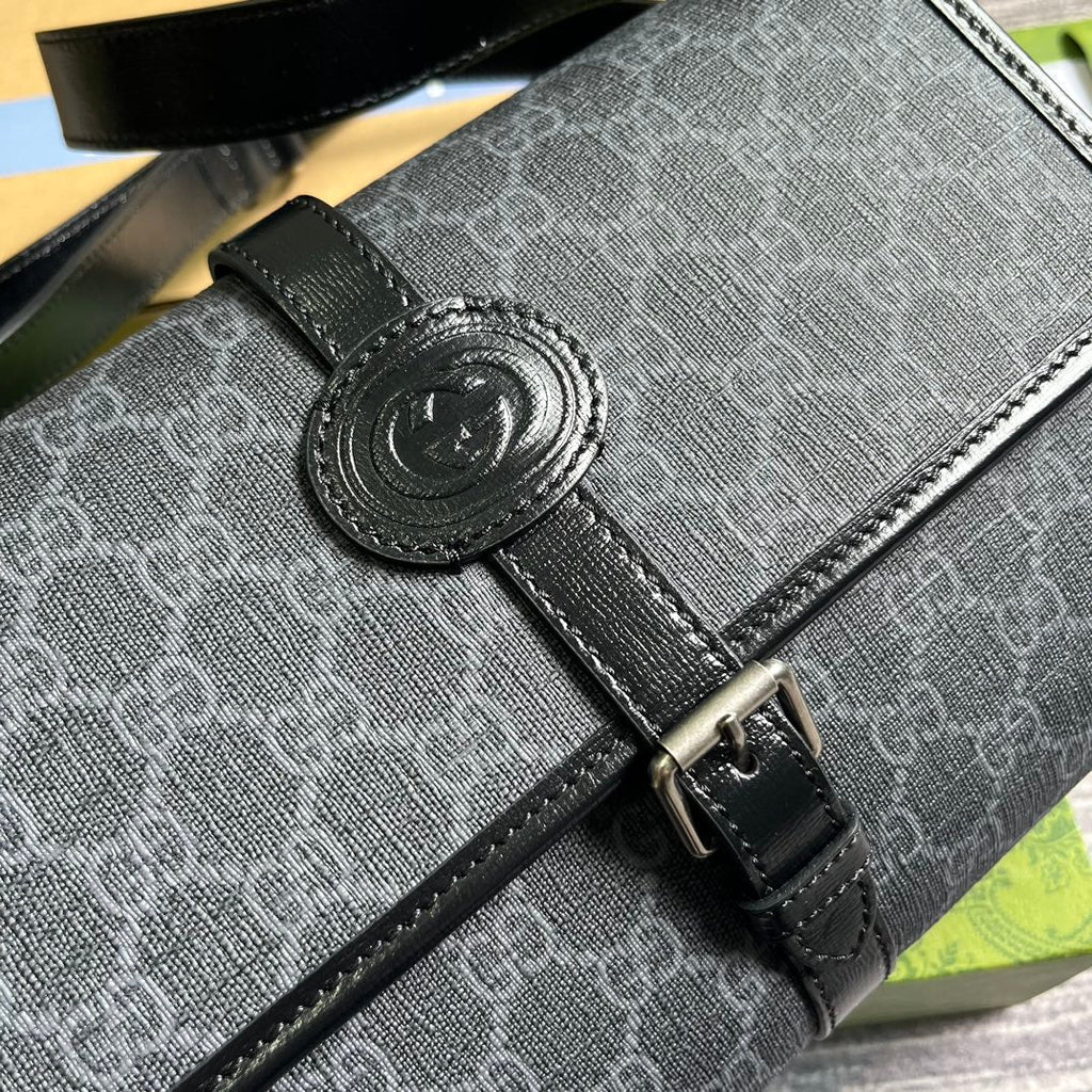GUCCI MESSENGER BAG 25 IN DARK GREY CANVAS ANG BLACK CALFSKIN