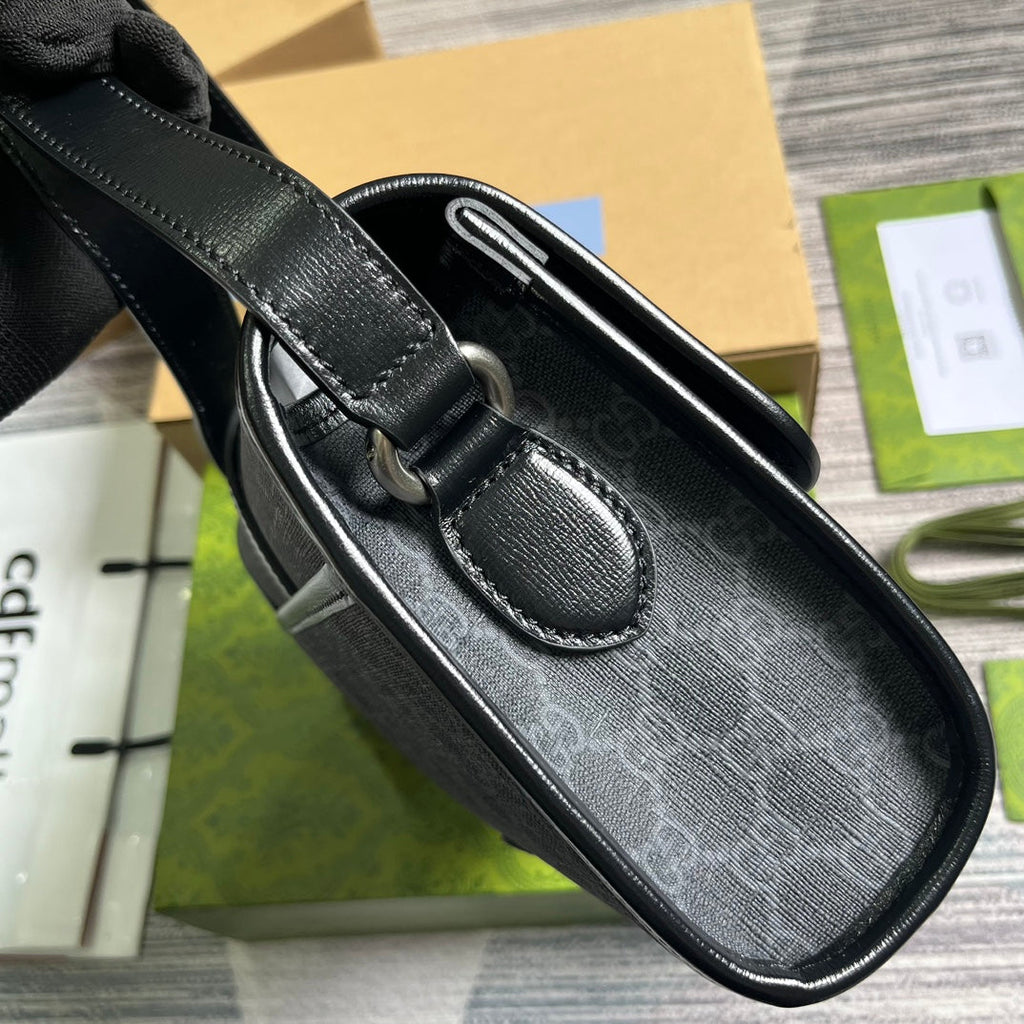 GUCCI MESSENGER BAG 25 IN DARK GREY CANVAS ANG BLACK CALFSKIN