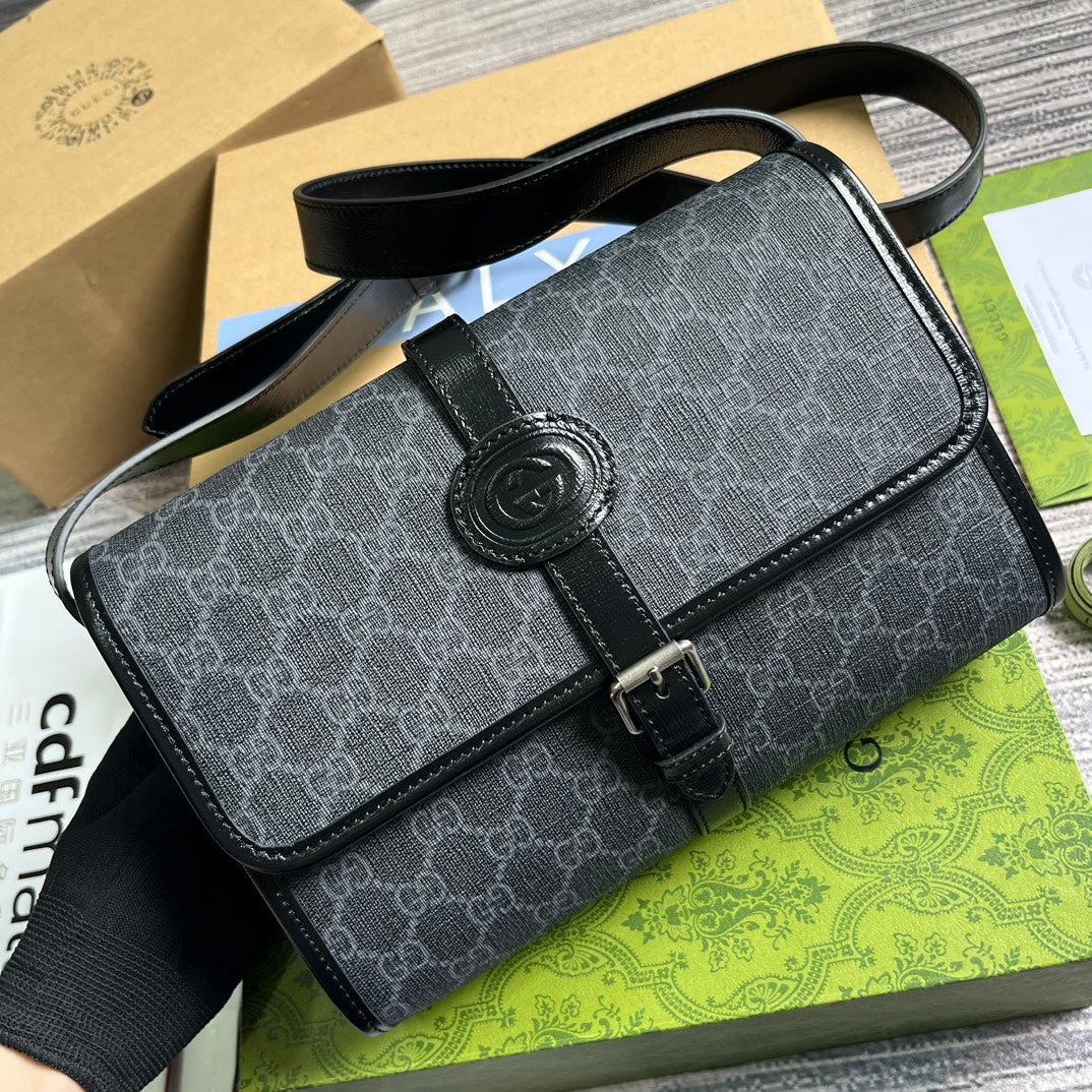 GUCCI MESSENGER BAG 25 IN DARK GREY CANVAS ANG BLACK CALFSKIN
