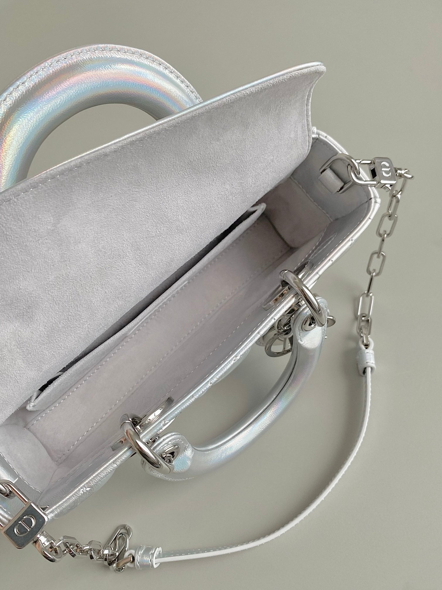 DIOR D-JOY BAG 22 IN SILVER LAMBSKIN