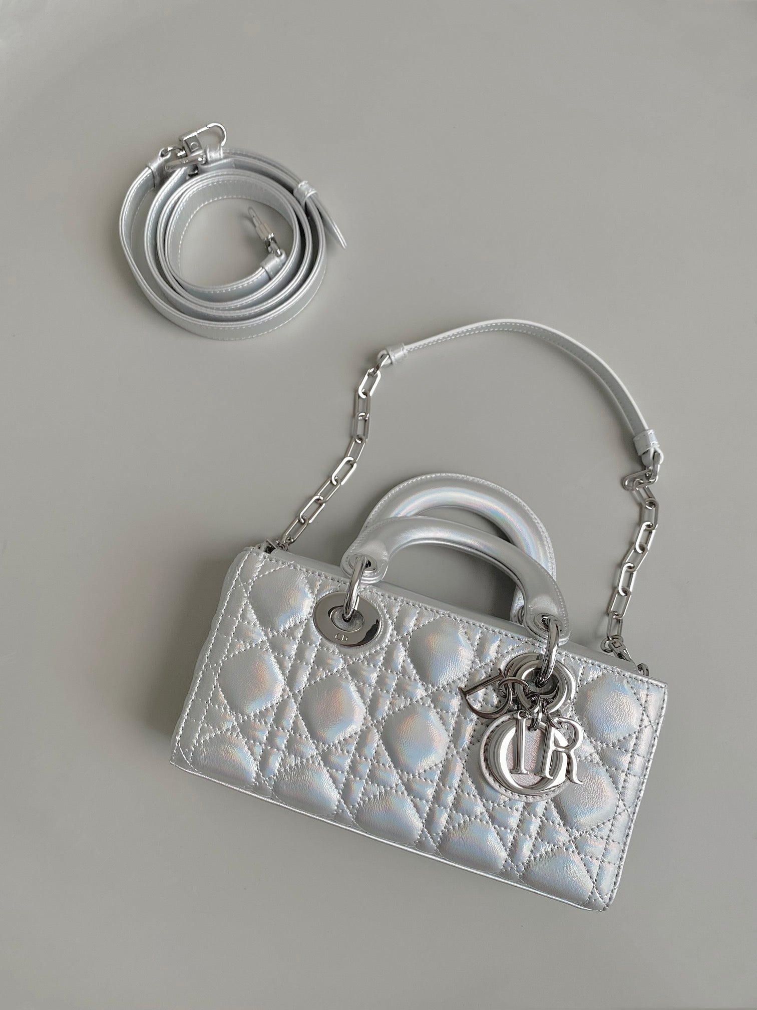 DIOR D-JOY BAG 22 IN SILVER LAMBSKIN