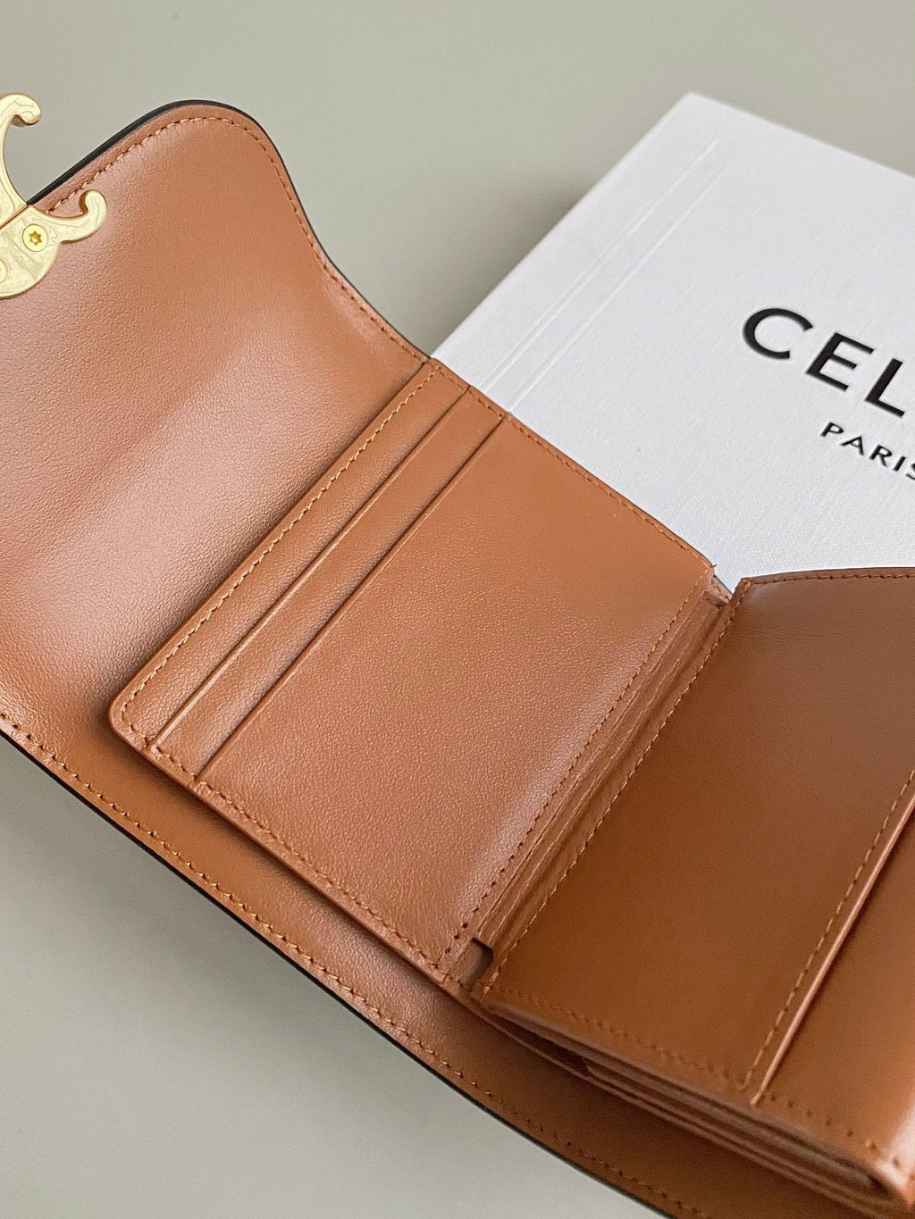 CELINE TRIPHOME 10 TRIFOLD WALLET CALFSKIN OLD FLOWER BROWN