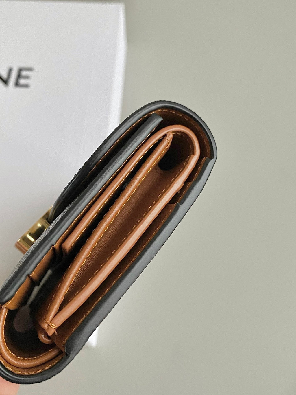 CELINE TRIPHOME 10 TRIFOLD WALLET CALFSKIN OLD FLOWER BROWN