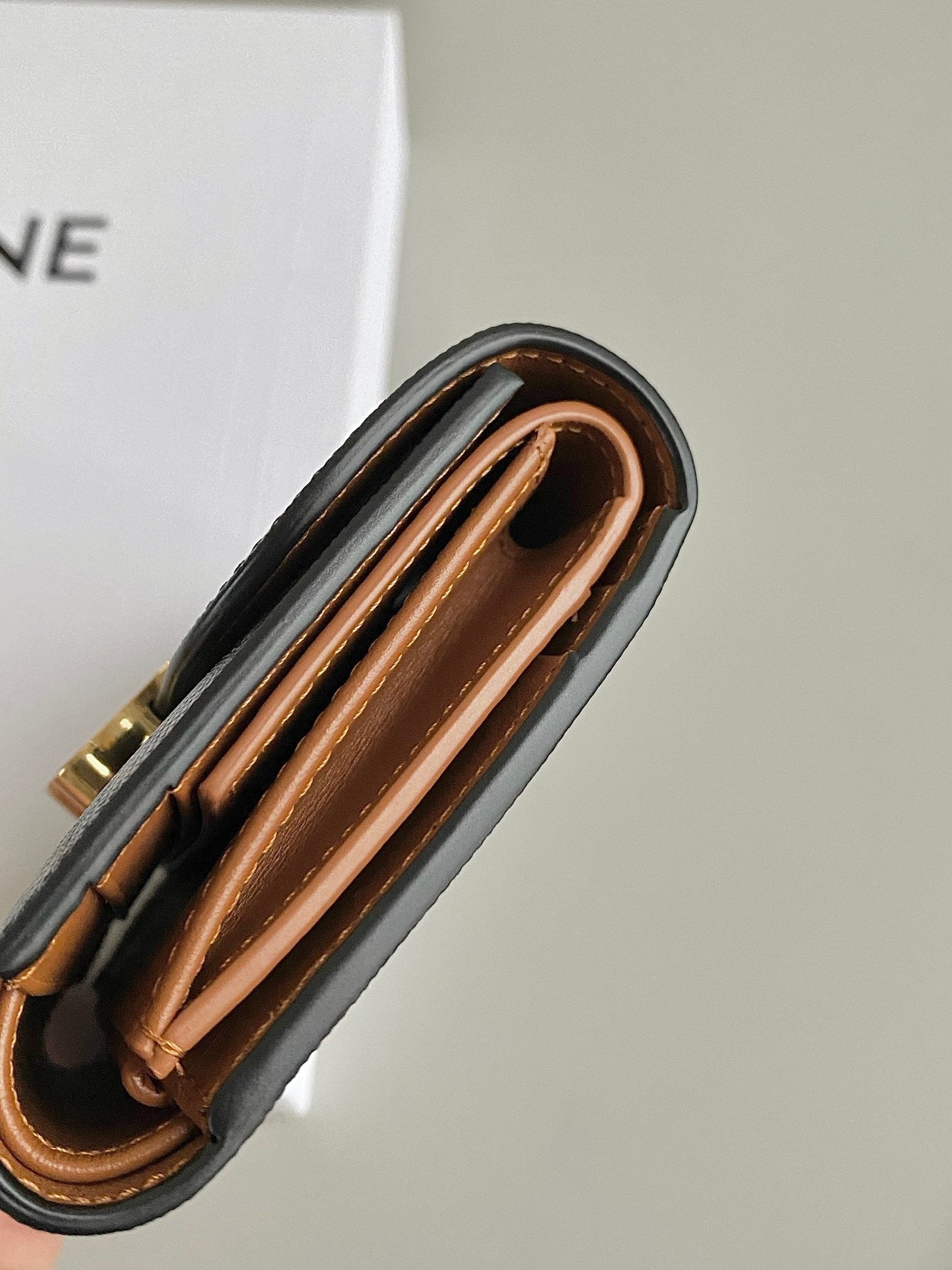 CELINE TRIPHOME 10 TRIFOLD WALLET CALFSKIN OLD FLOWER BROWN