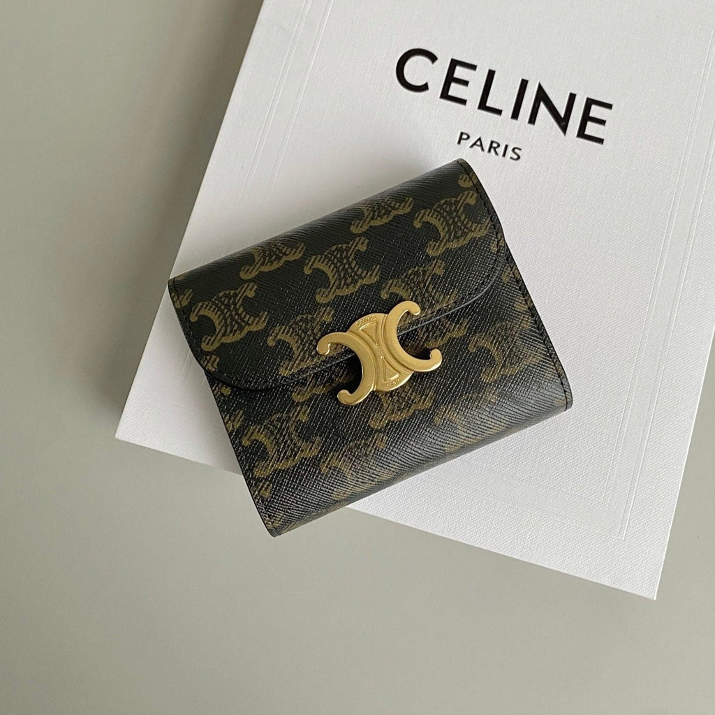 CELINE TRIPHOME 10 TRIFOLD WALLET CALFSKIN OLD FLOWER BROWN