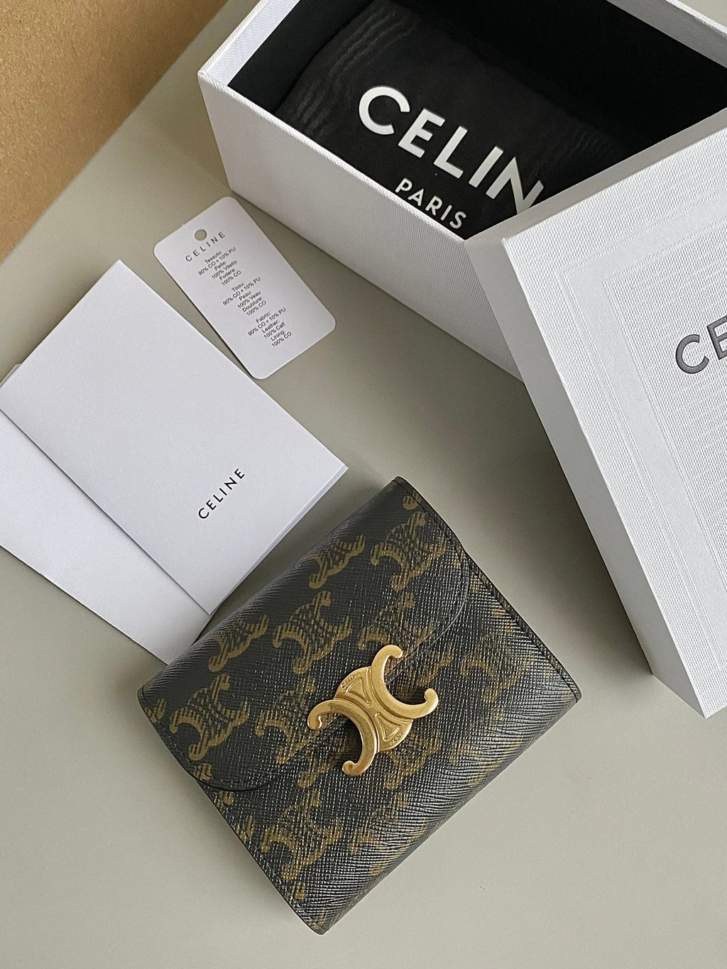 CELINE TRIPHOME 10 TRIFOLD WALLET CALFSKIN OLD FLOWER BROWN