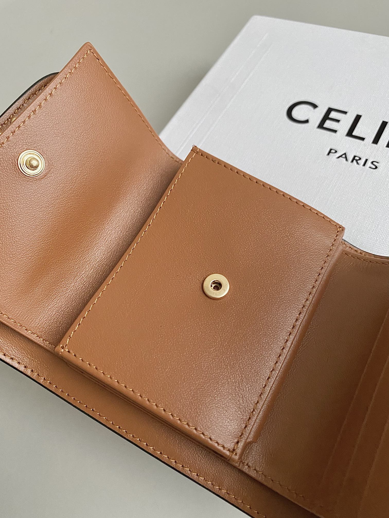 CELINE TRIPHOME 10 TRIFOLD WALLET CALFSKIN OLD FLOWER BROWN