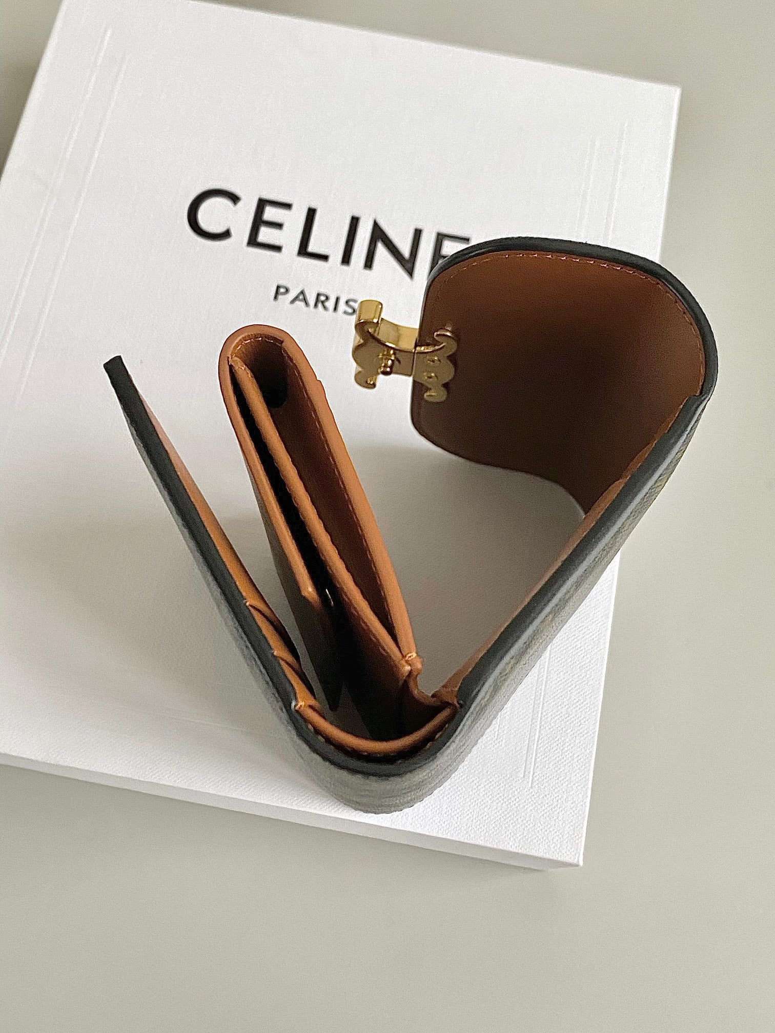 CELINE TRIPHOME 10 TRIFOLD WALLET CALFSKIN OLD FLOWER BROWN