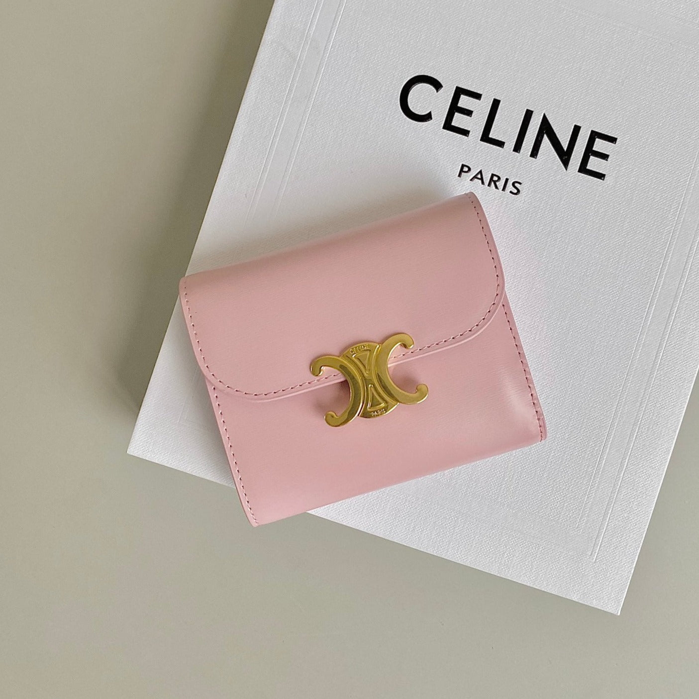 CELINE TRIPHOME 10 TRIFOLD WALLET CALFSKIN PINK PASTEL