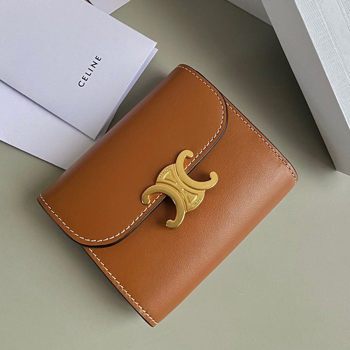 CELINE TRIPHOME 10 TRIFOLD WALLET CALFSKIN CINNAMON BROWN