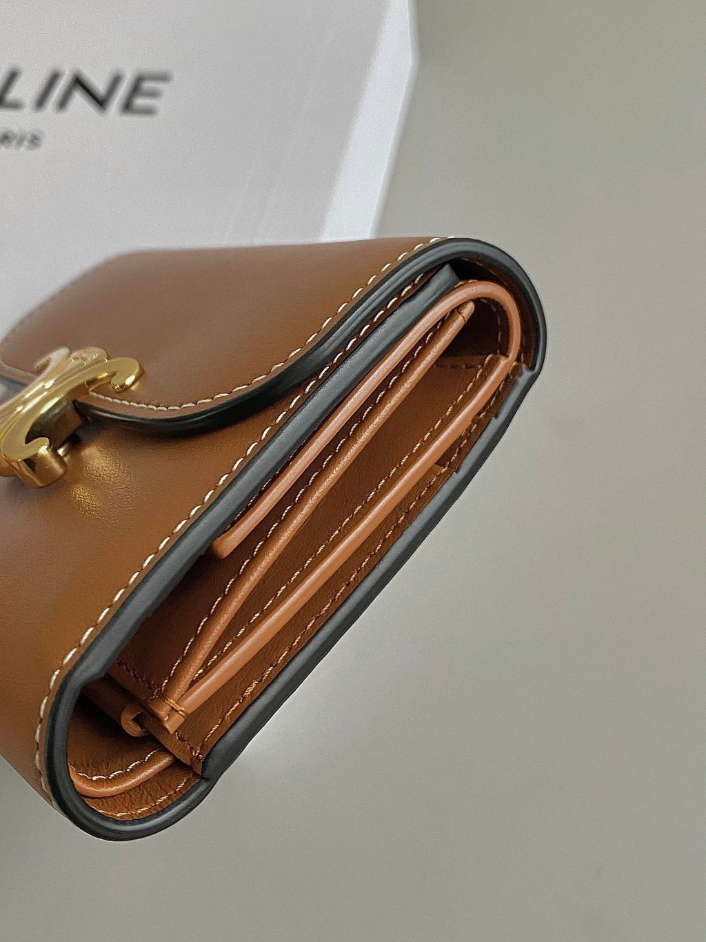 CELINE TRIPHOME 10 TRIFOLD WALLET CALFSKIN CINNAMON BROWN