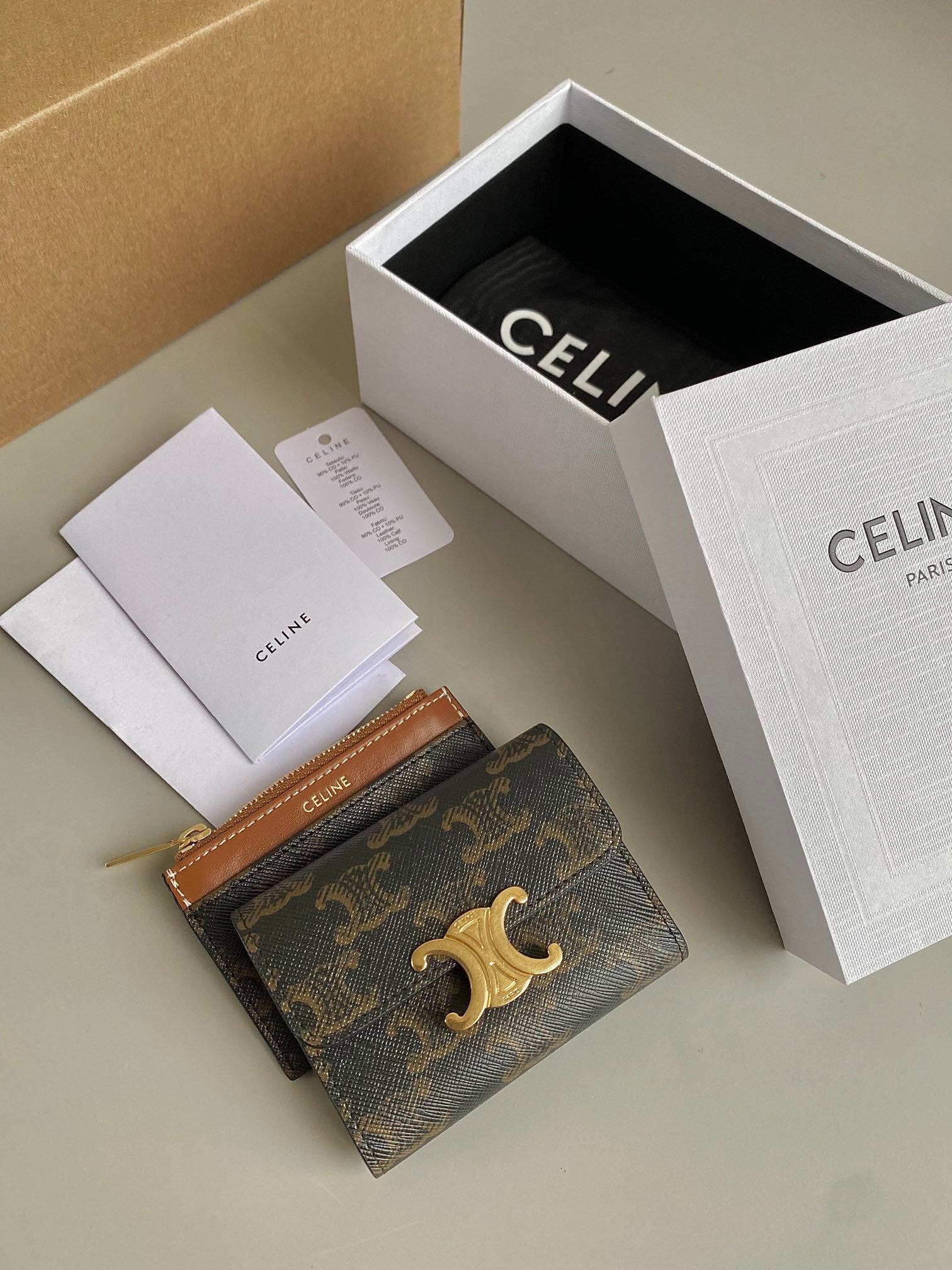 CELINE TRIOMPHE 9 WALLET TWO-IN-ONE OLD FLOWER BROWN CALFSKIN