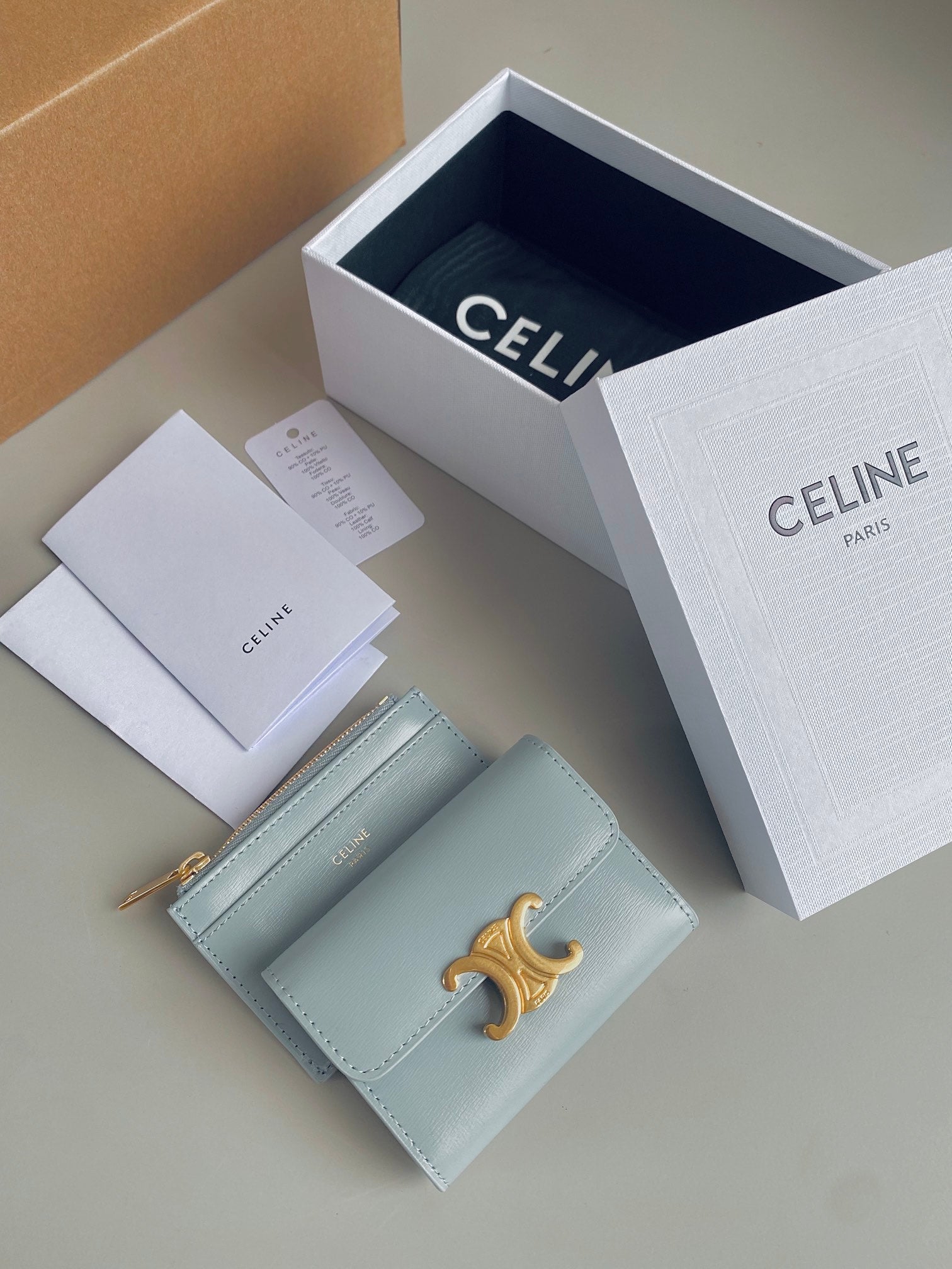 CELINE TRIOMPHE 9 WALLET TWO-IN-ONE GLACIER BLUE CALFSKIN