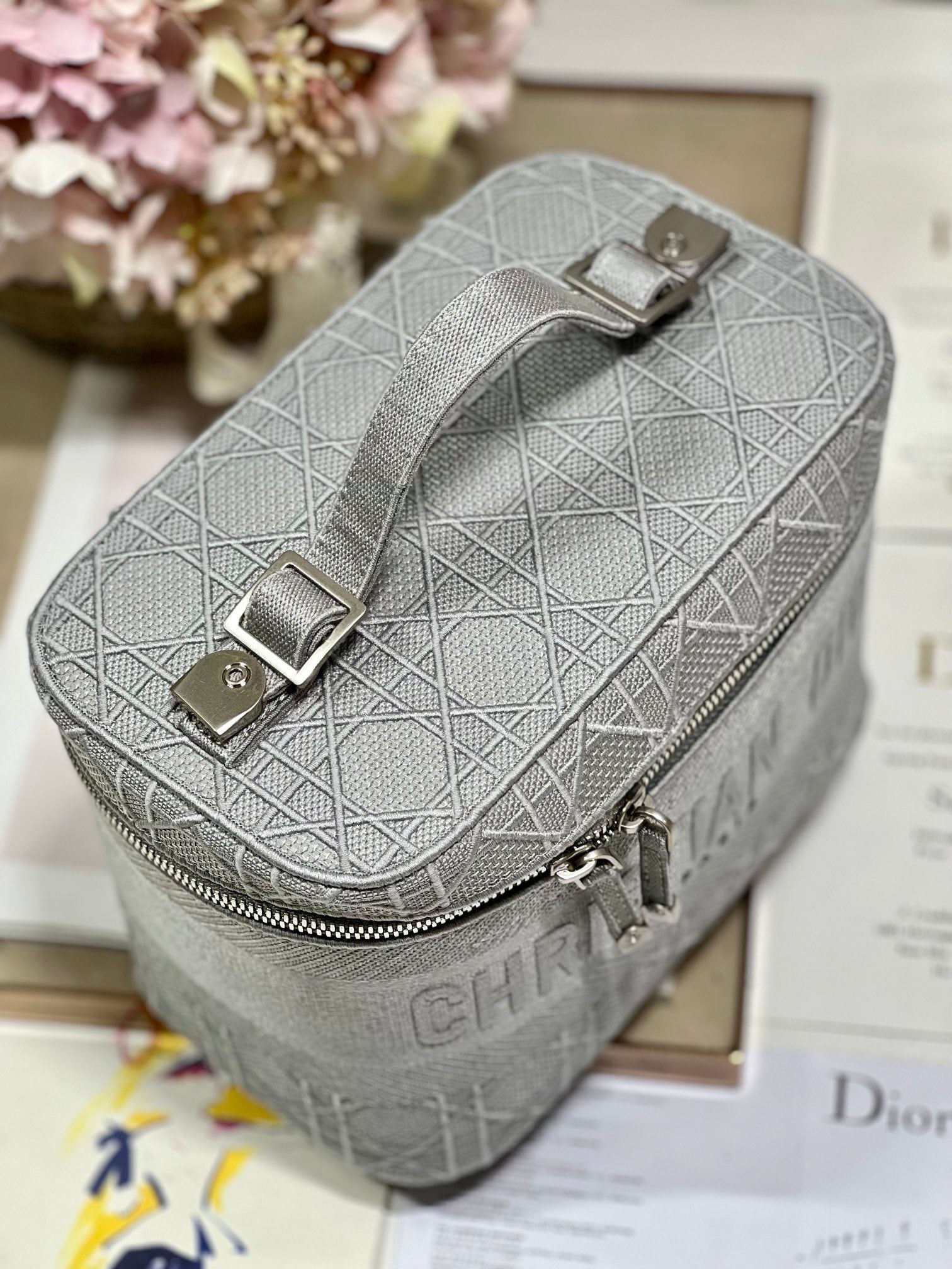 DIOR SMALL 25 TRAVEL VANITY CASE WITH SHOULDER STRAP DOVE GRAY