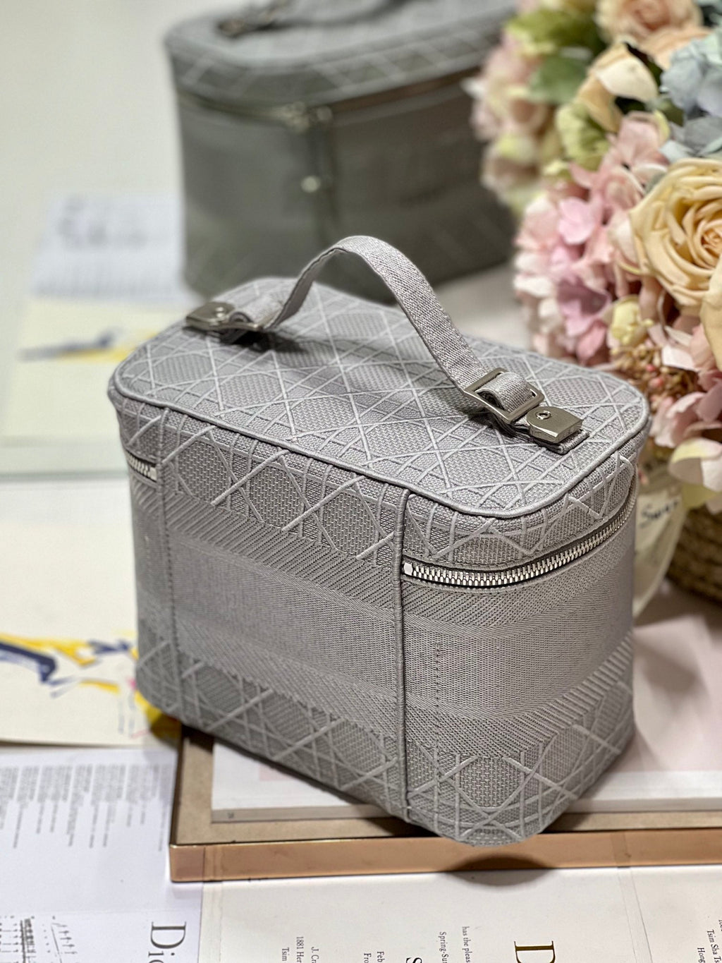 DIOR SMALL 25 TRAVEL VANITY CASE WITH SHOULDER STRAP DOVE GRAY