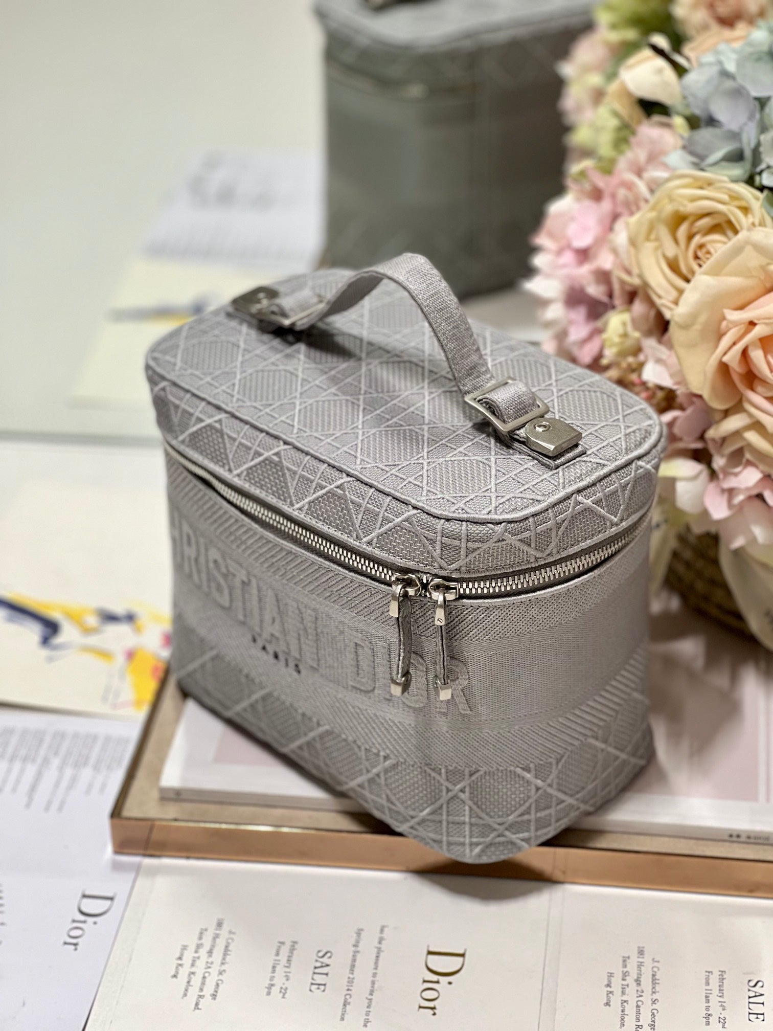DIOR SMALL 25 TRAVEL VANITY CASE WITH SHOULDER STRAP DOVE GRAY
