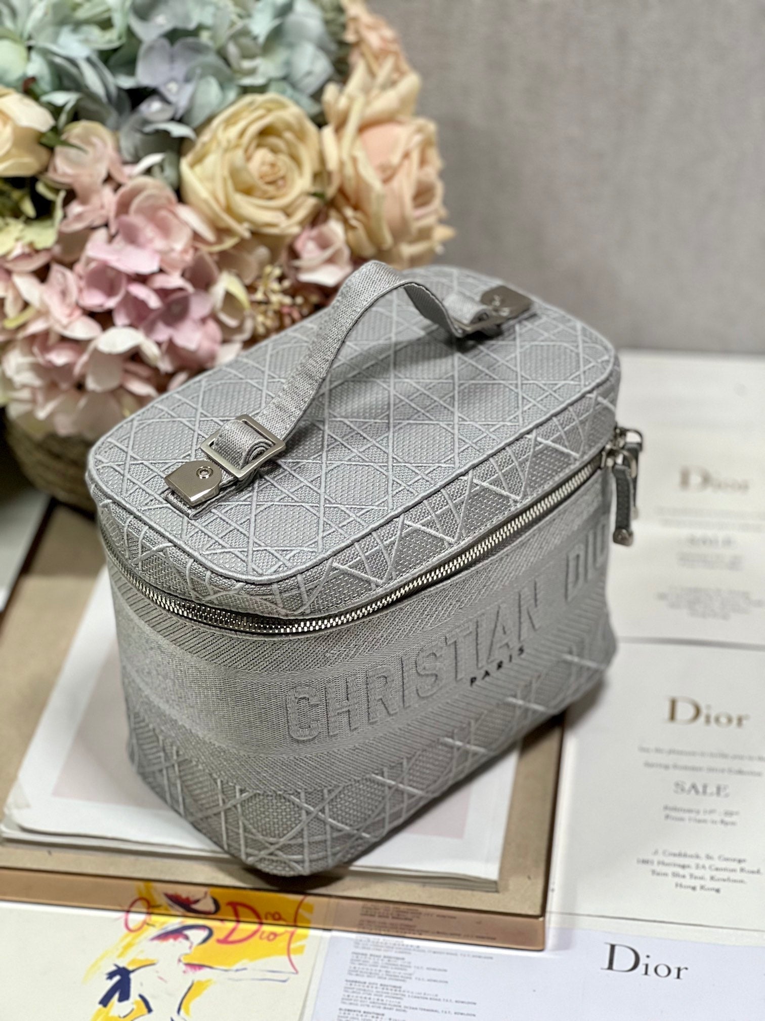 DIOR SMALL 25 TRAVEL VANITY CASE WITH SHOULDER STRAP DOVE GRAY