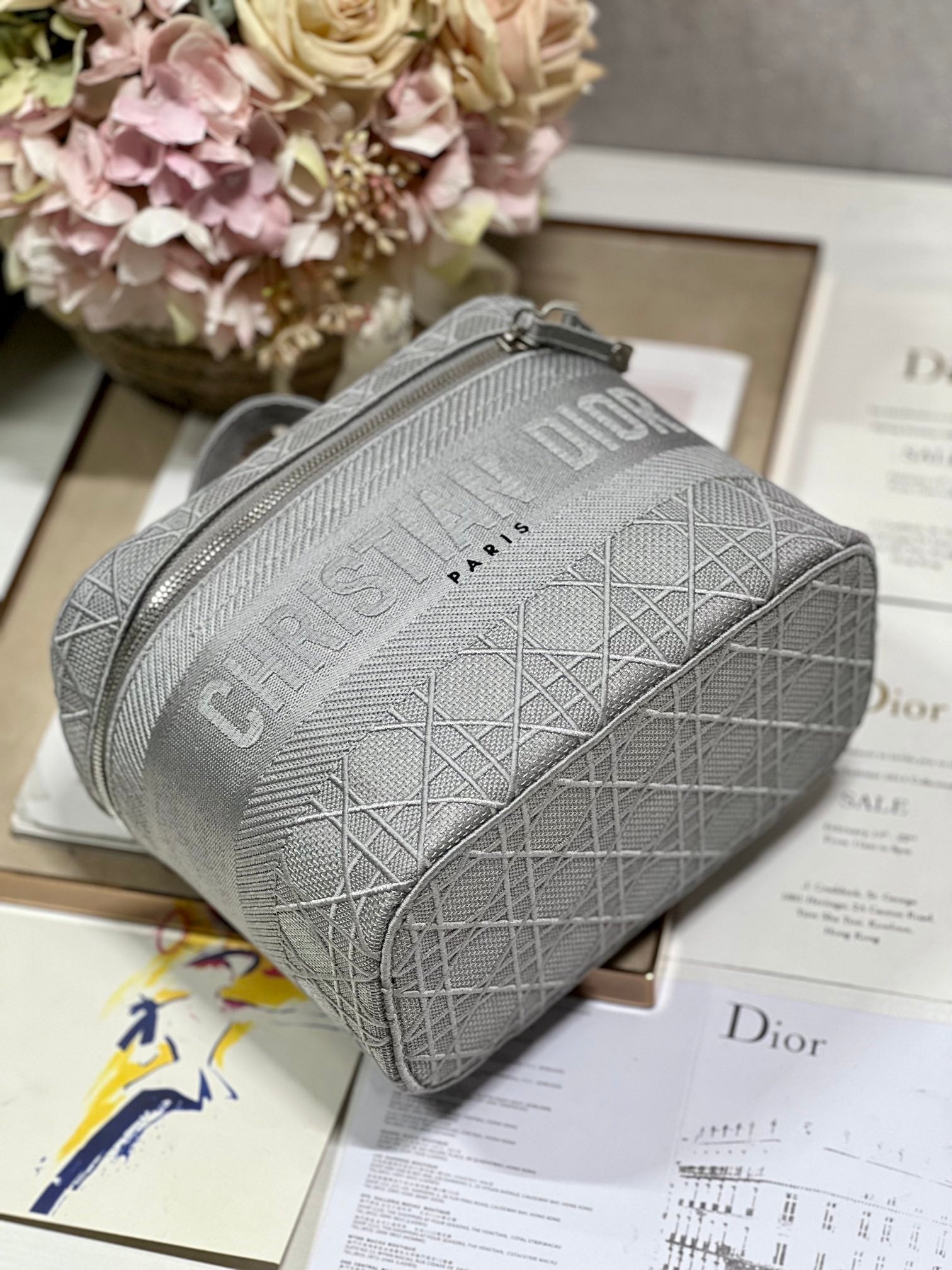 DIOR SMALL 25 TRAVEL VANITY CASE WITH SHOULDER STRAP DOVE GRAY