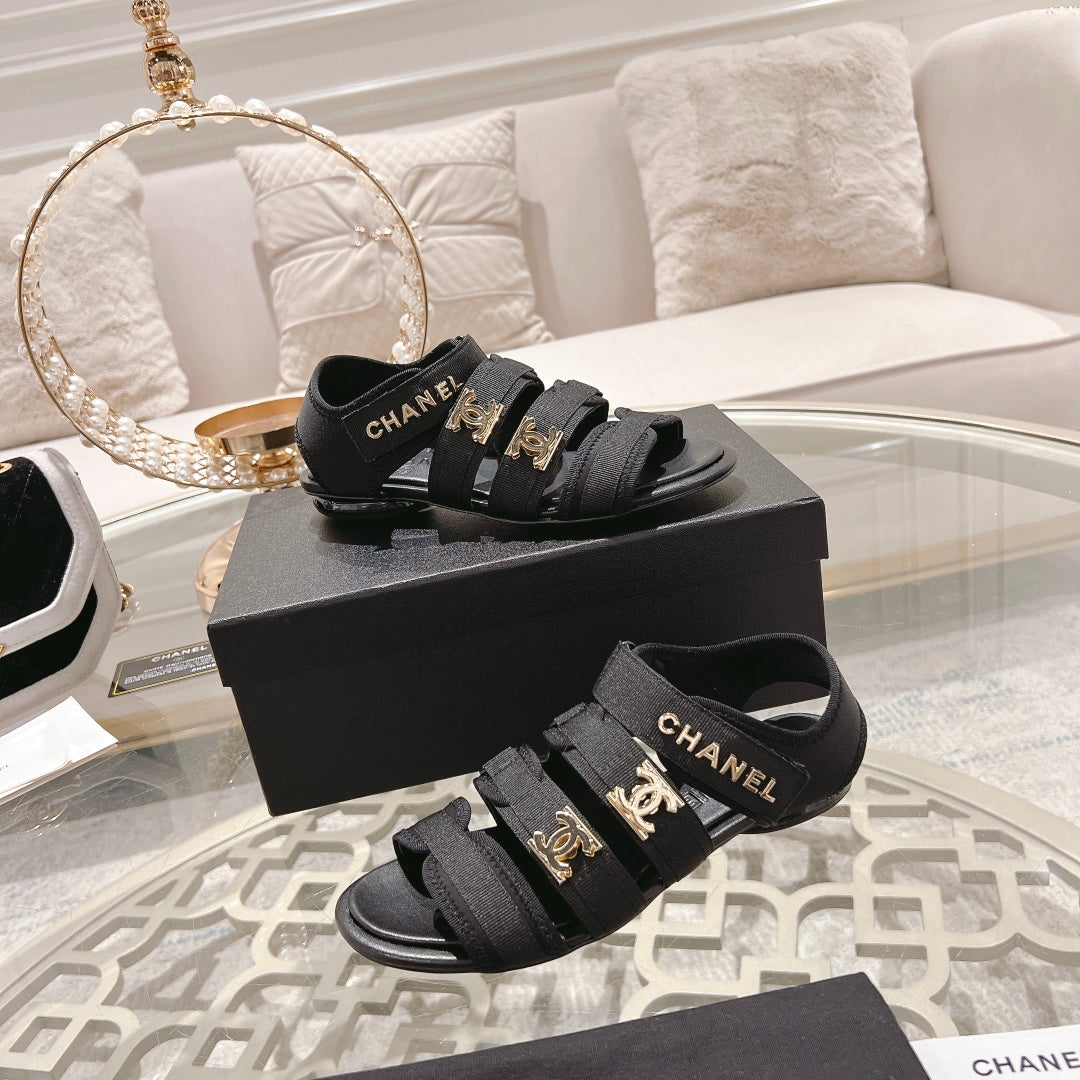 CHANEL Double C  Xiaoxiang Chain Fabric Head Chunky Sandal Black Lambskin